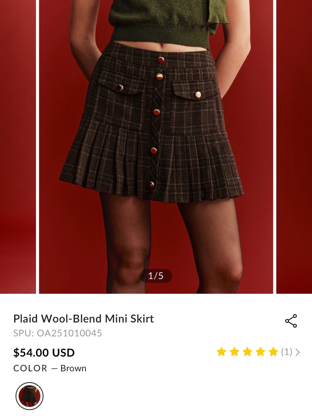 Commense Brown Plaid Pleated Mini Skirt